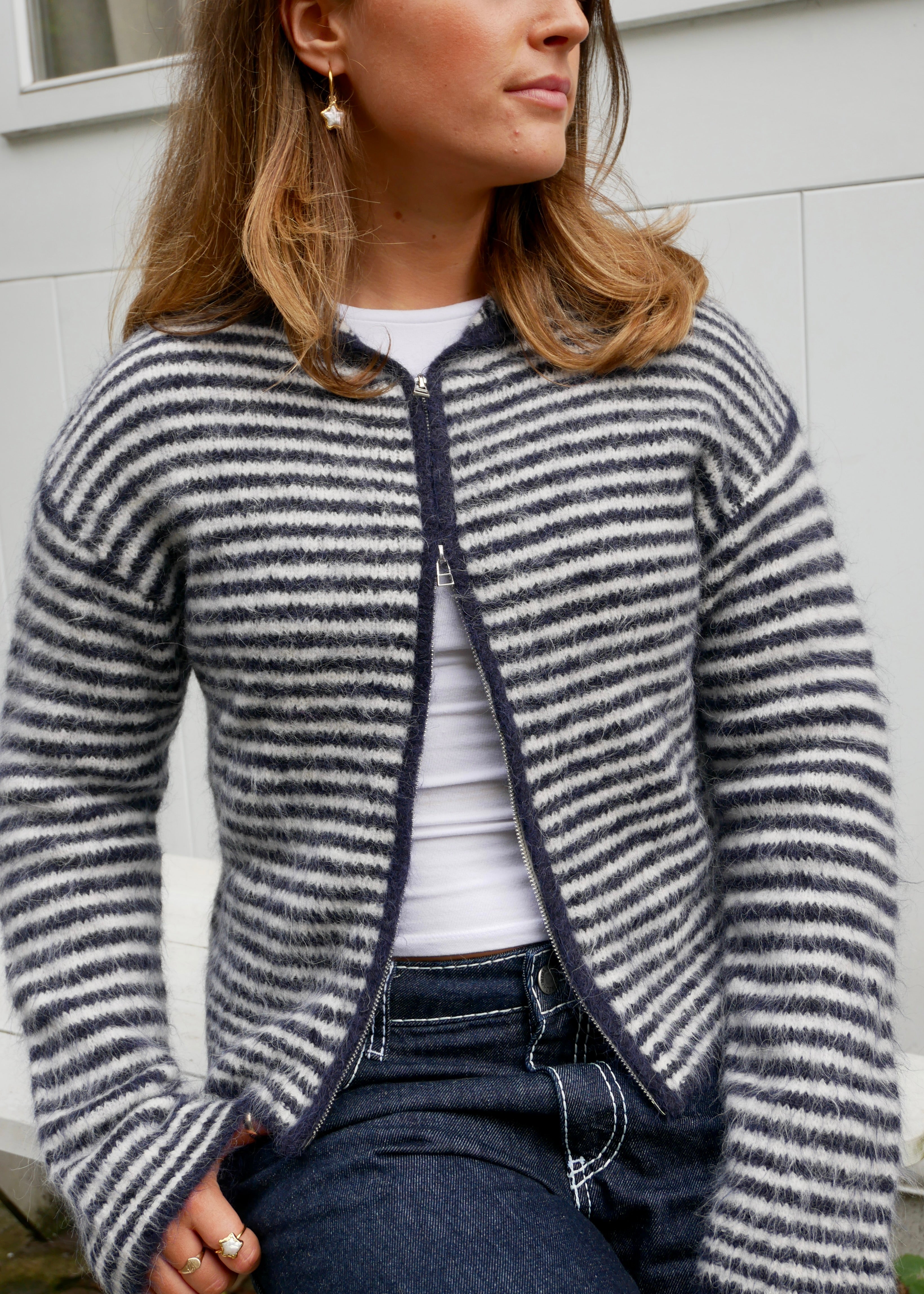 Dual Zip Hoodie - Navy & Cream Stripe