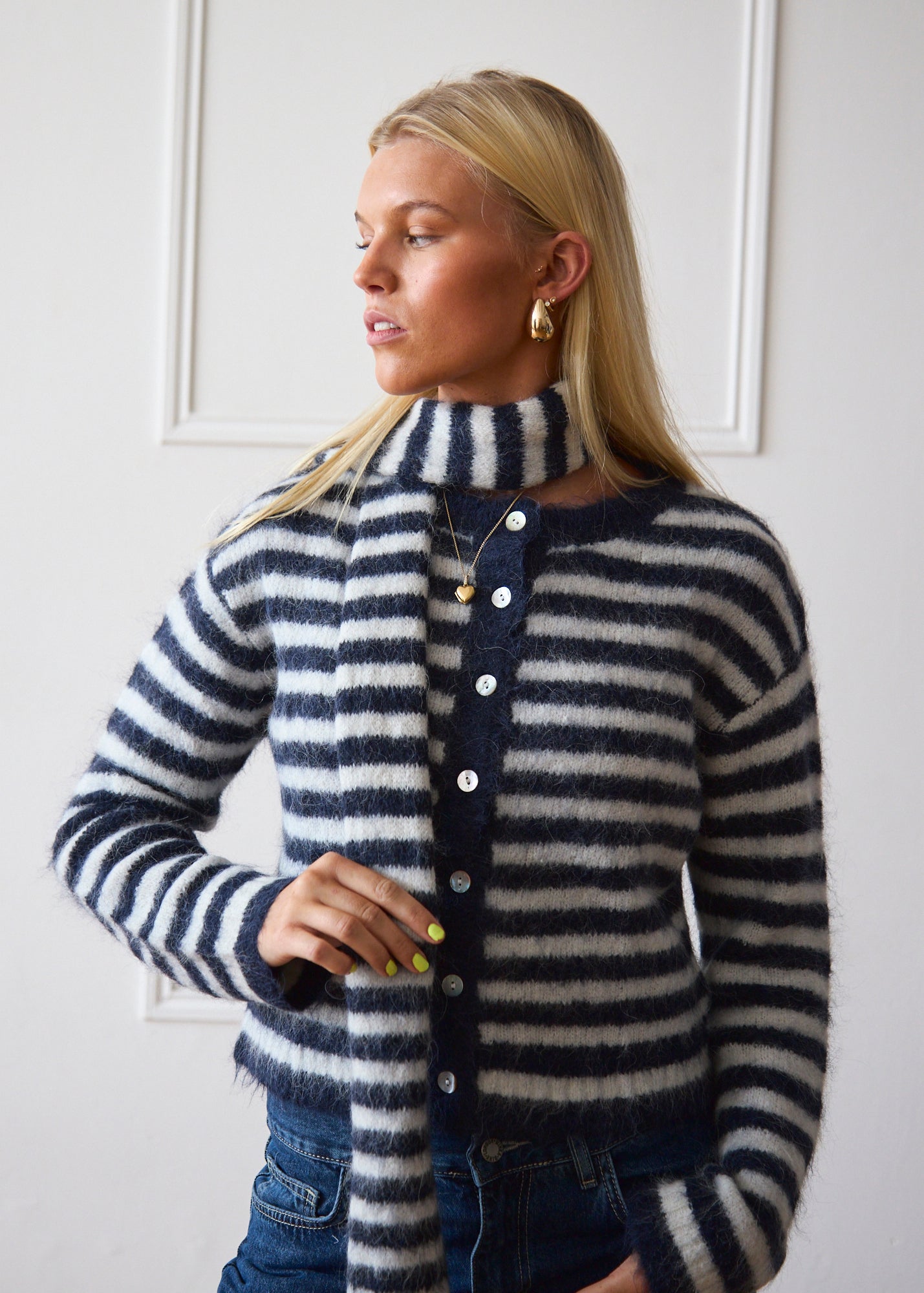 Evie Scarf Navy Stripe | Striped Scarf – Minka Dink London, image size:1429x2000