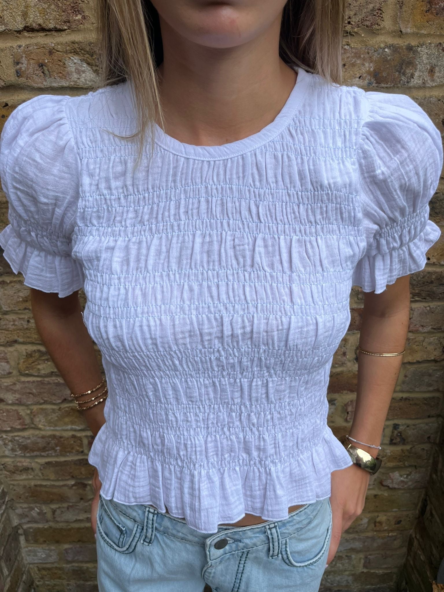 The Emmie Blouse - White & Baby Blue