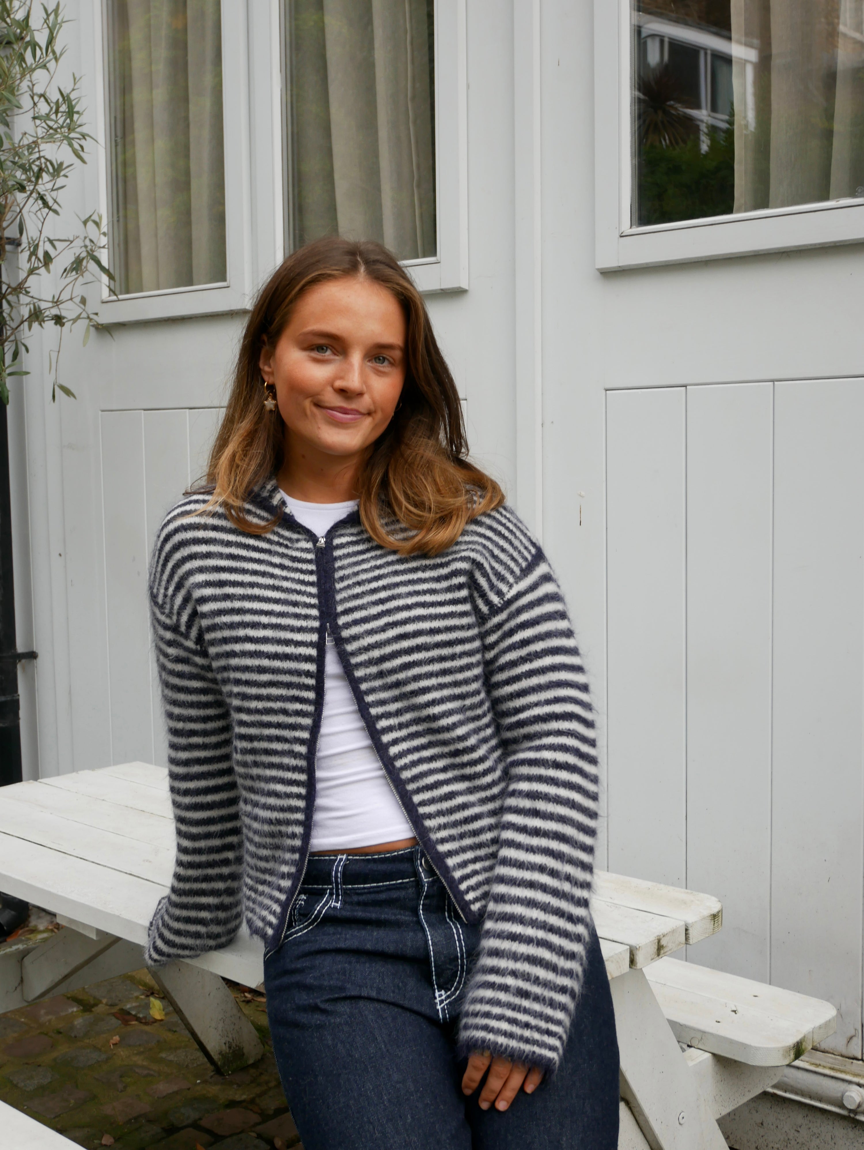 Dual Zip Hoodie - Navy & Cream Stripe