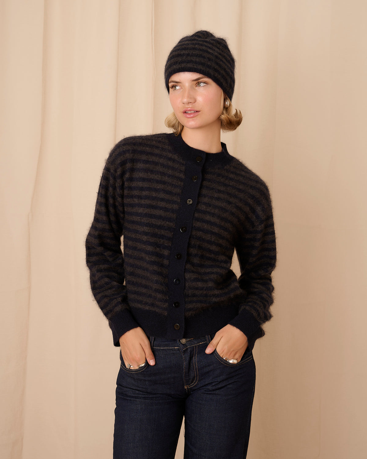 Mabel Cardigan - Navy & Grey Stripe