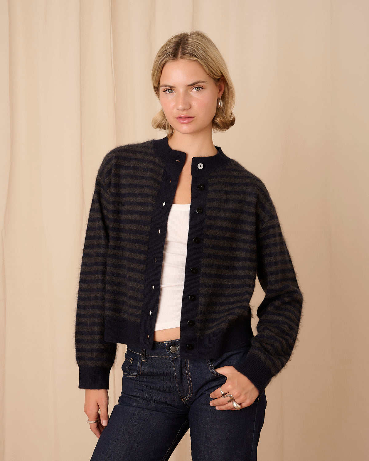 Mabel Cardigan - Navy & Grey Stripe