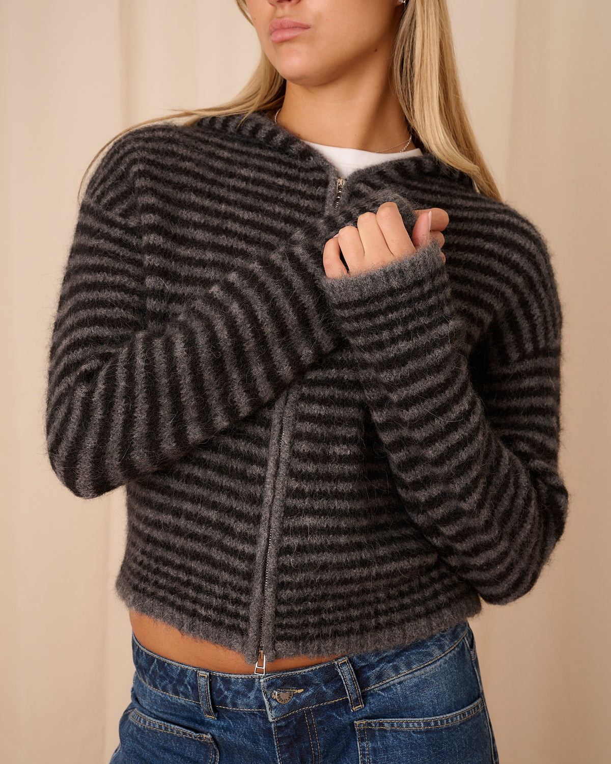 Dual Zip Hoodie - Black & Dark Grey Stripe