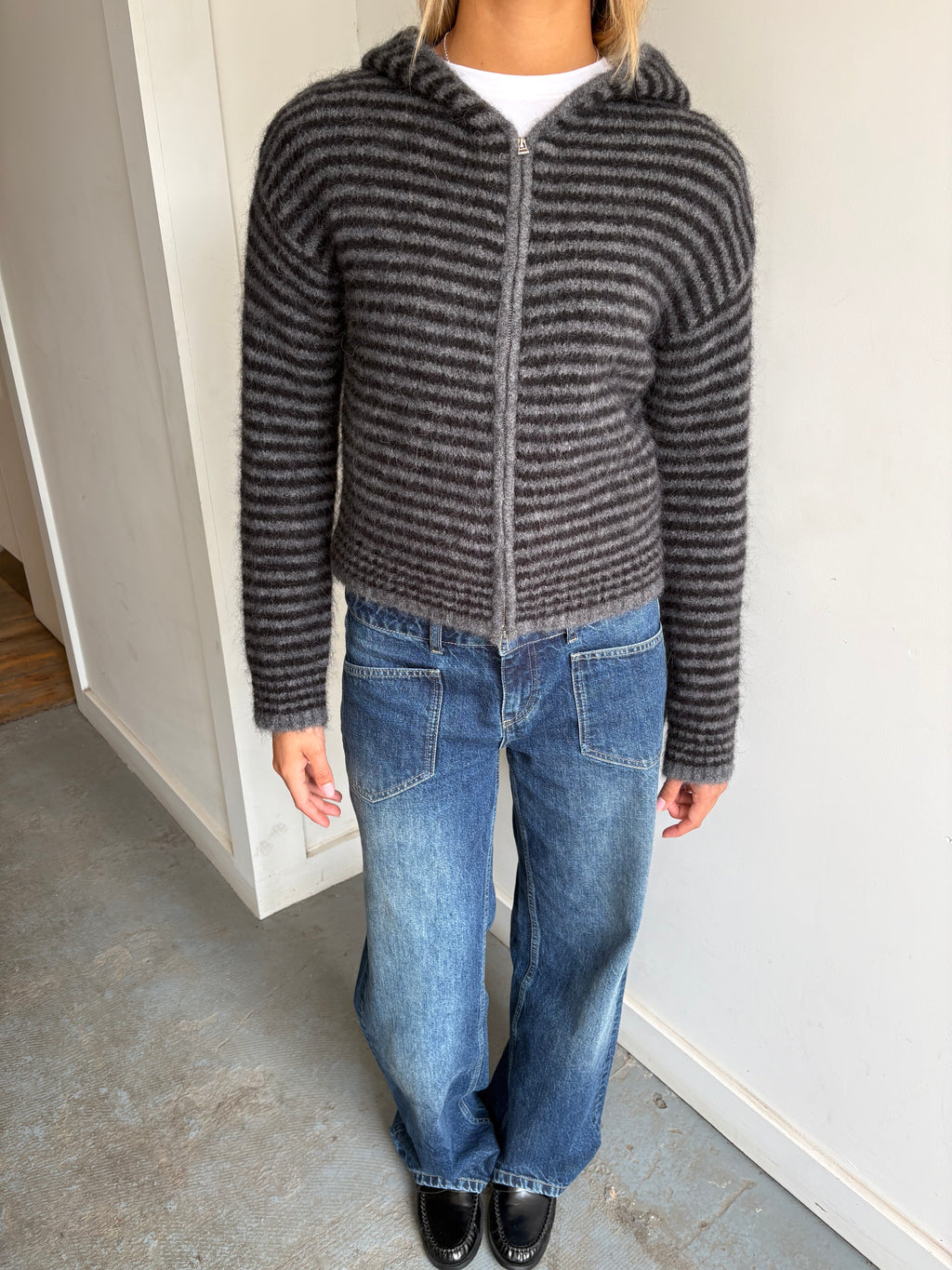 Dual Zip Hoodie - Black & Dark Grey Stripe