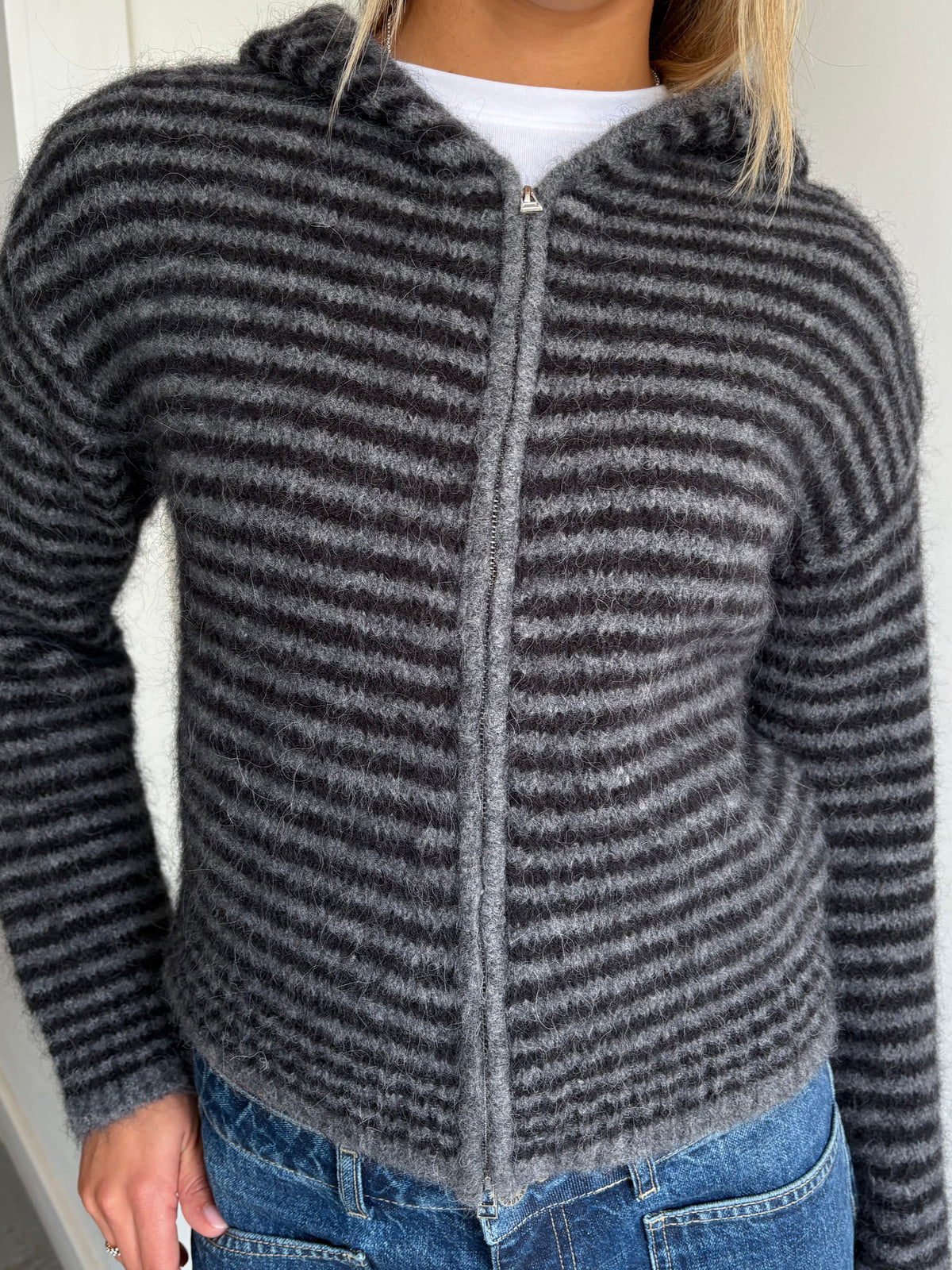 Dual Zip Hoodie - Black & Dark Grey Stripe