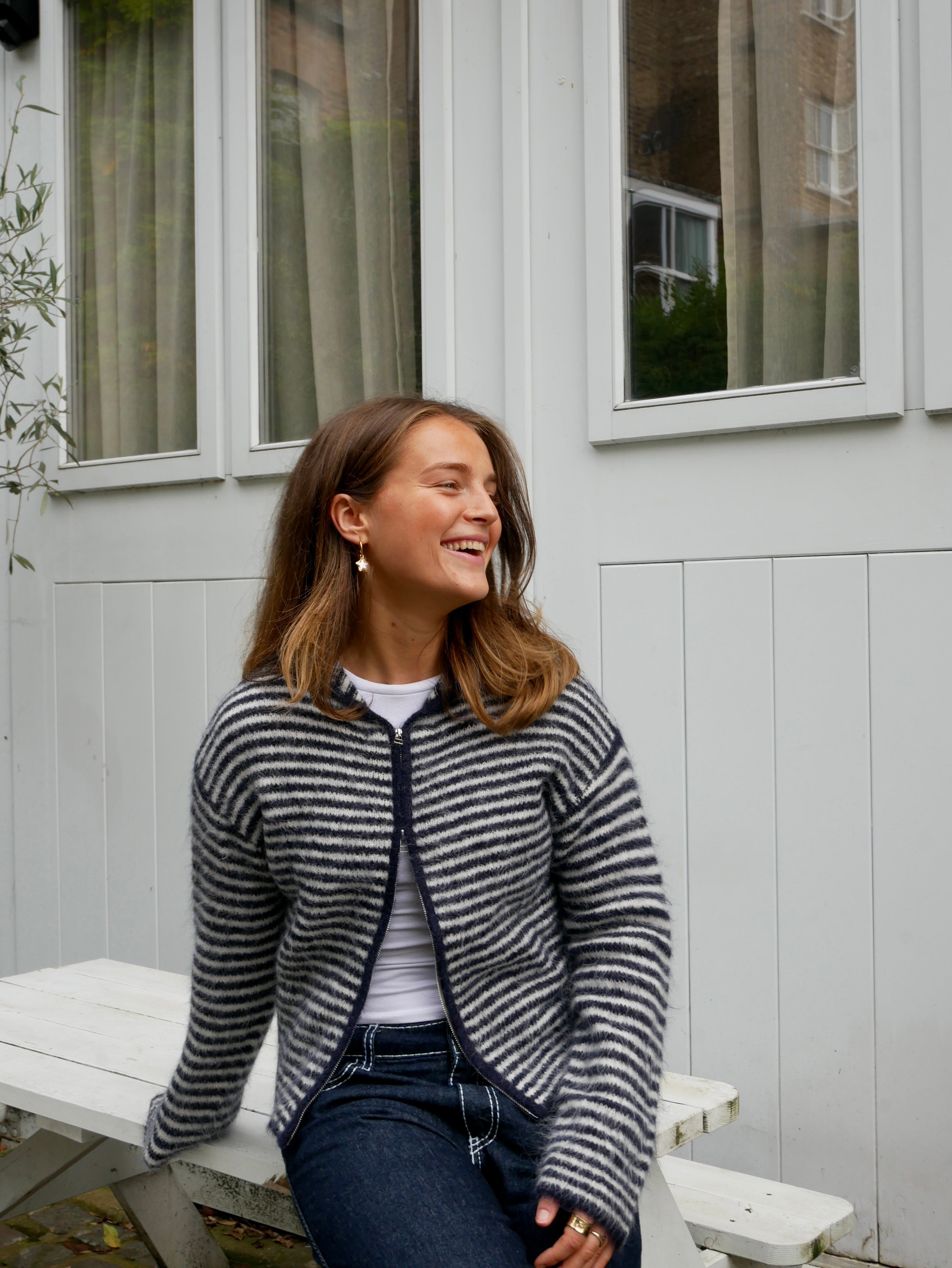 Dual Zip Hoodie - Navy & Cream Stripe