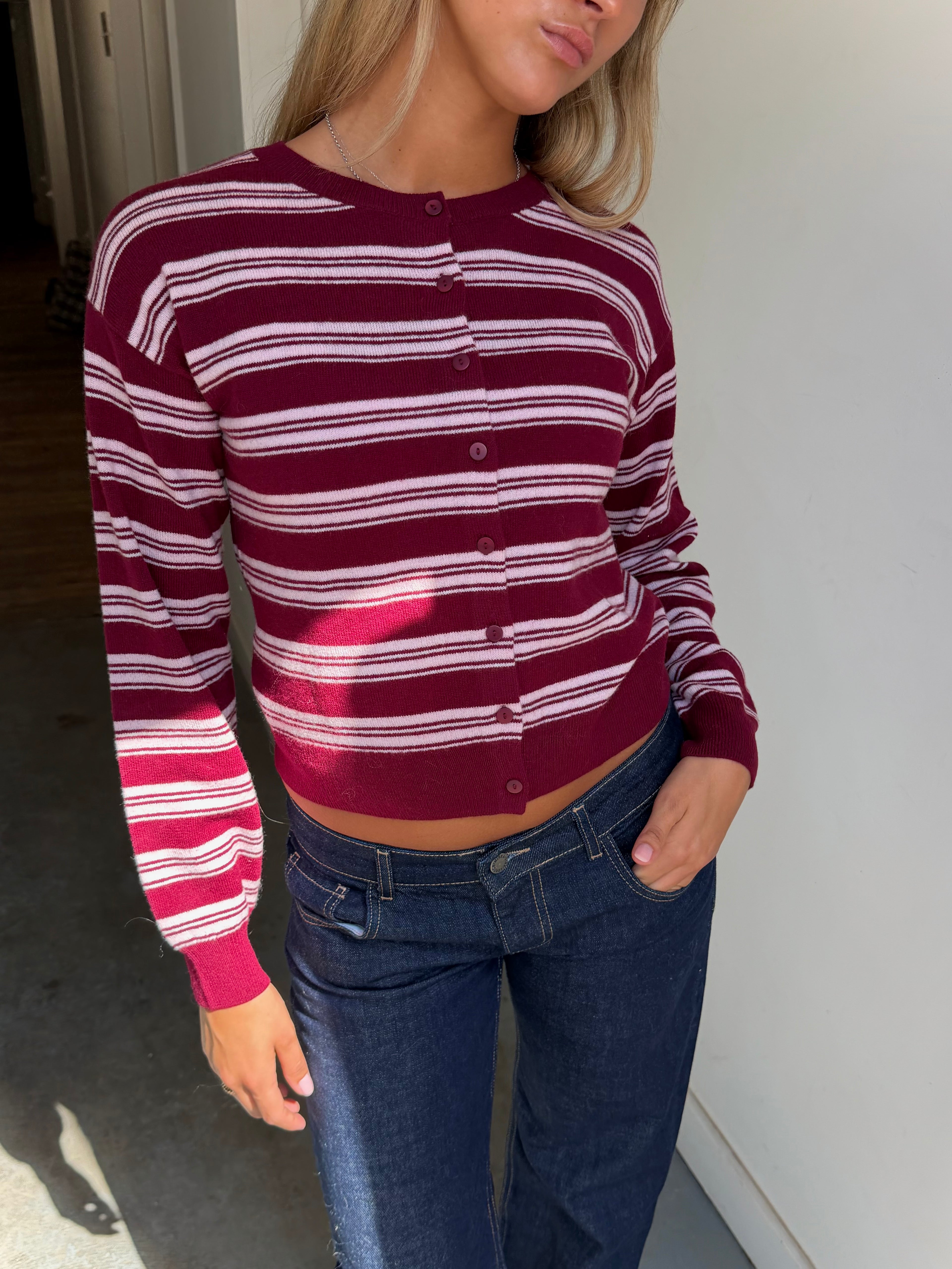 Clemmie Cardigan - Burgundy Stripe