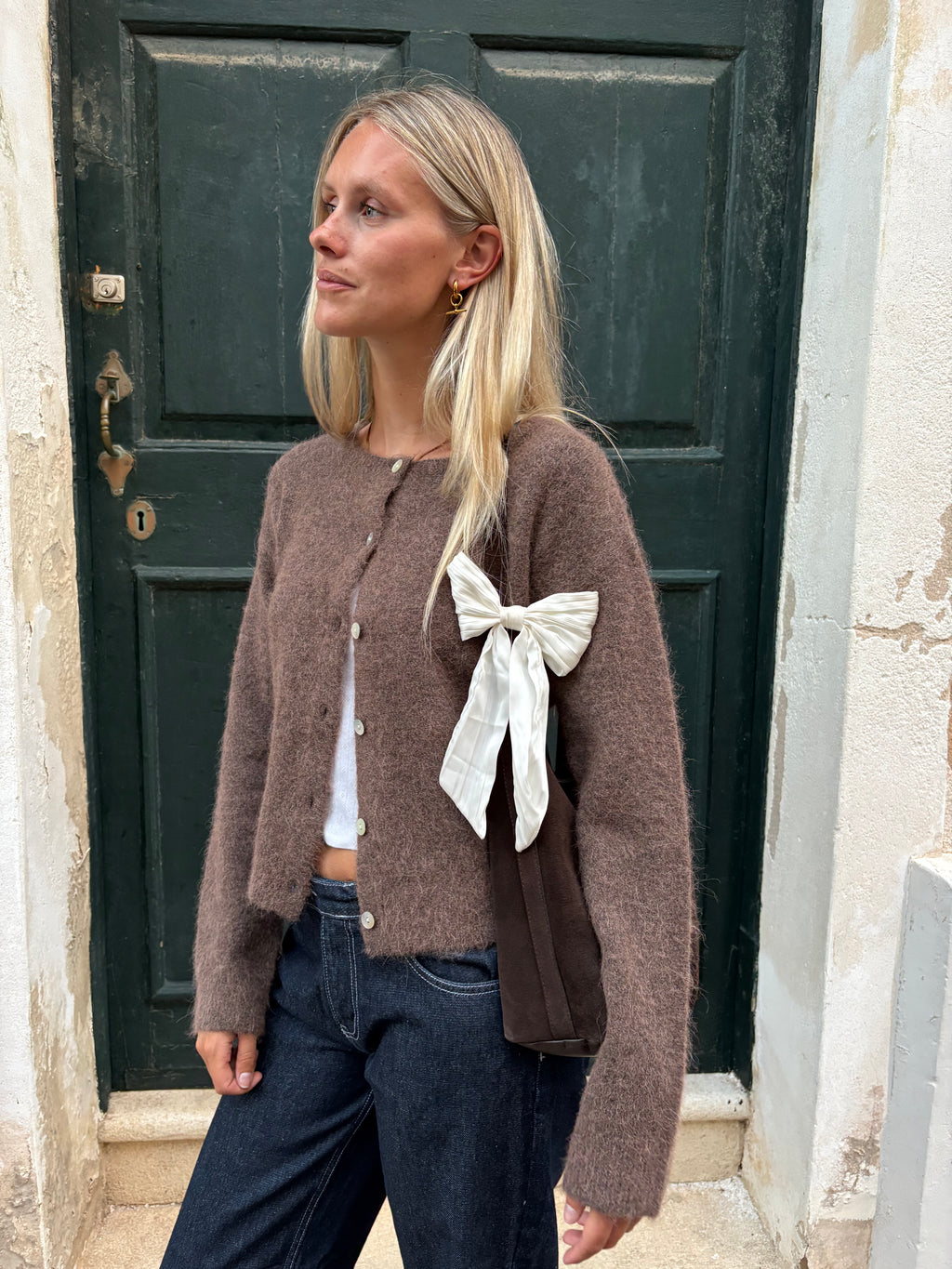 ta9　soduk lined knit cardigan / brown Graphic Outline Brown and Black Cardigan – taarinianand