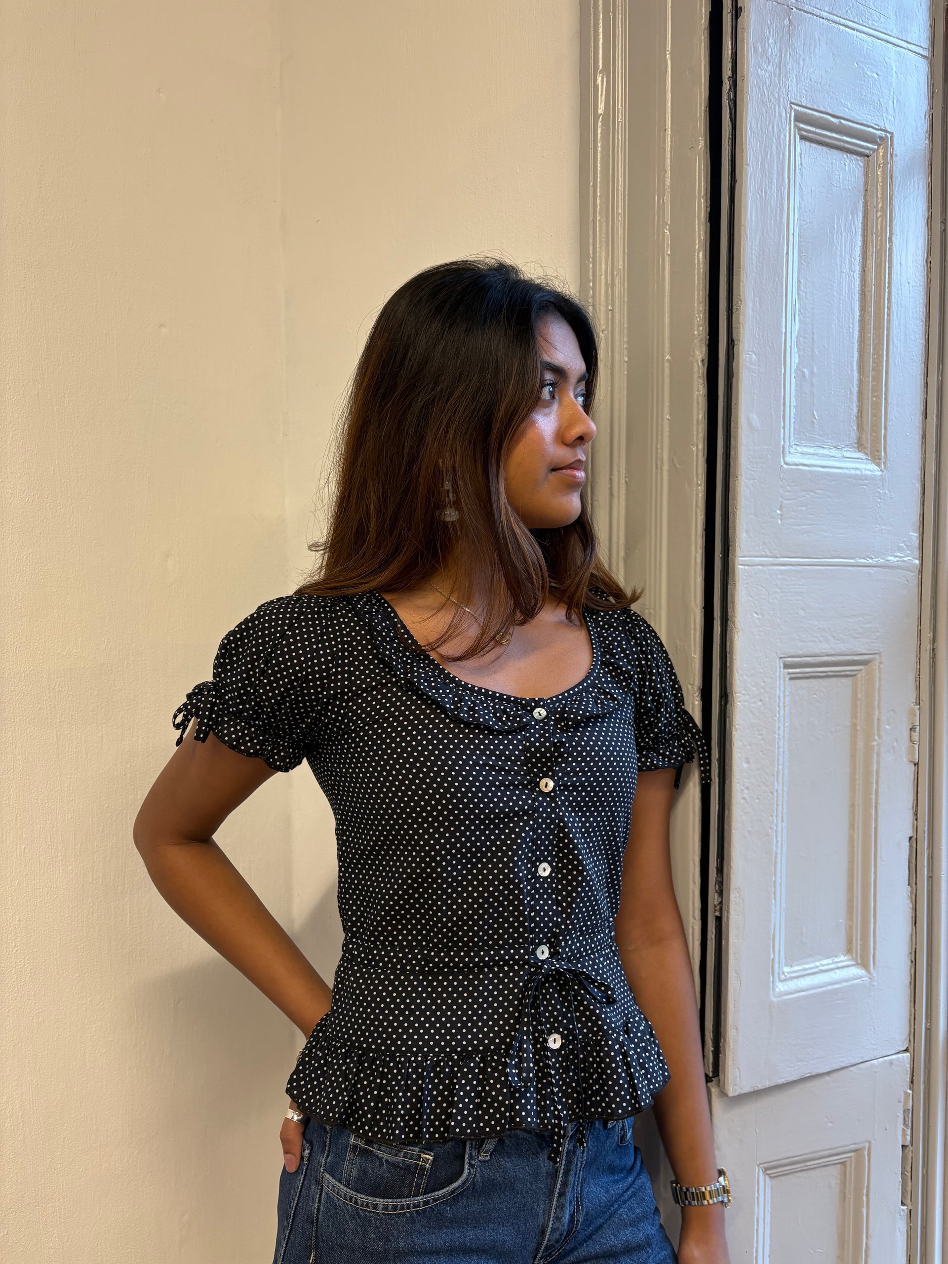 Black Polka Dot Ines Blouse | Frilled Blouse – Minka Dink London