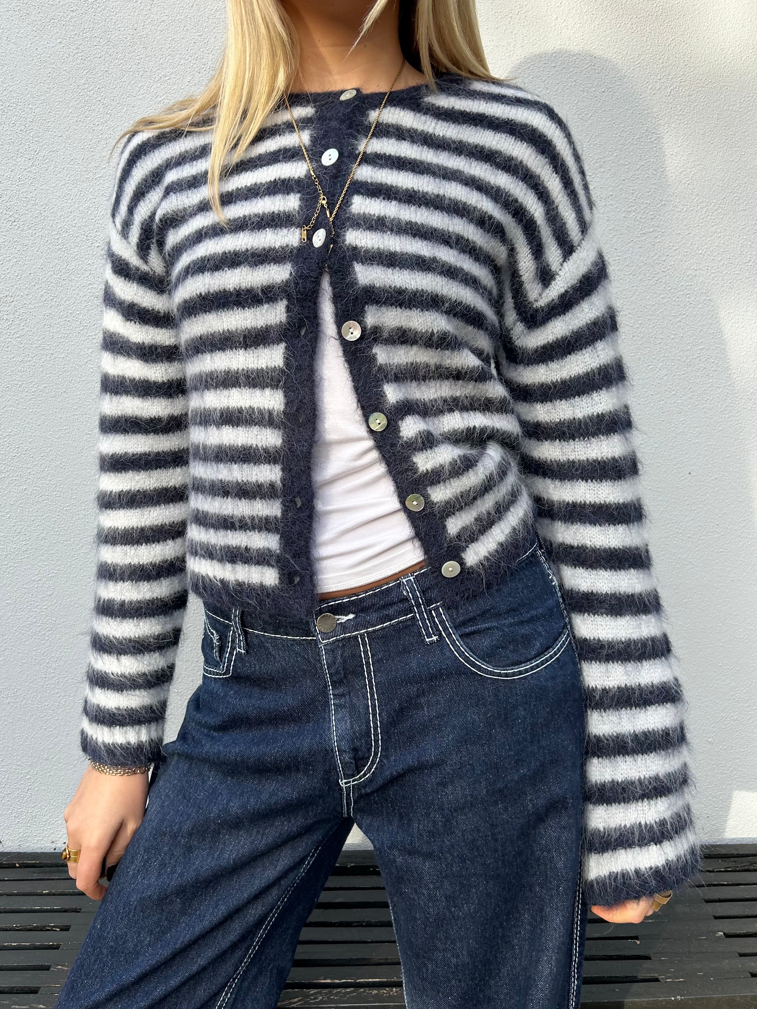 The Evie Cardigan - Navy Stripe