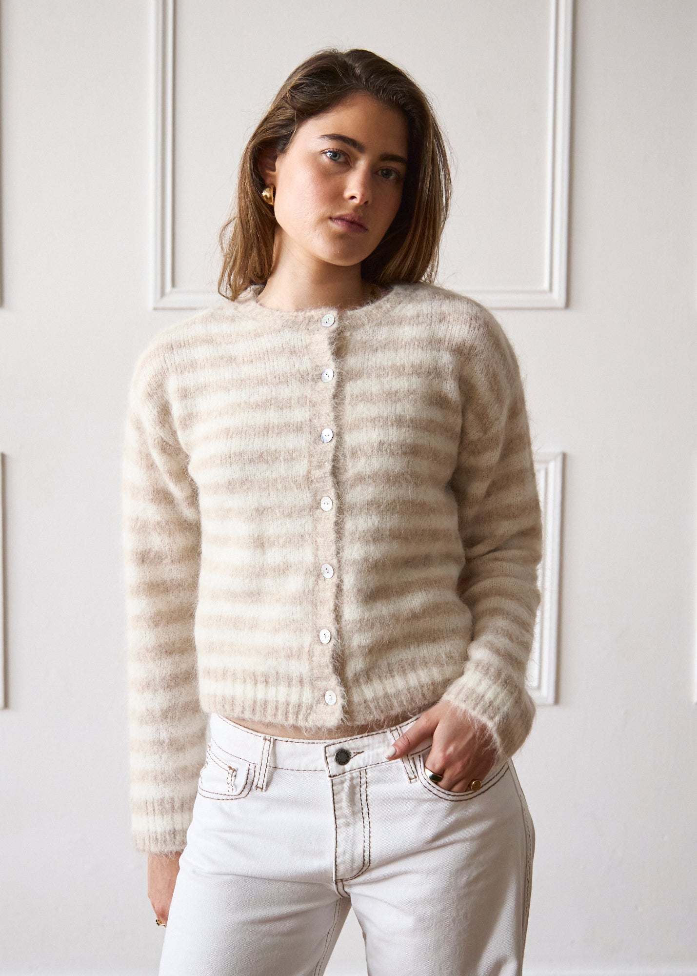 Beige Stripe Evie Cardigan | Knitwear – Minka Dink London