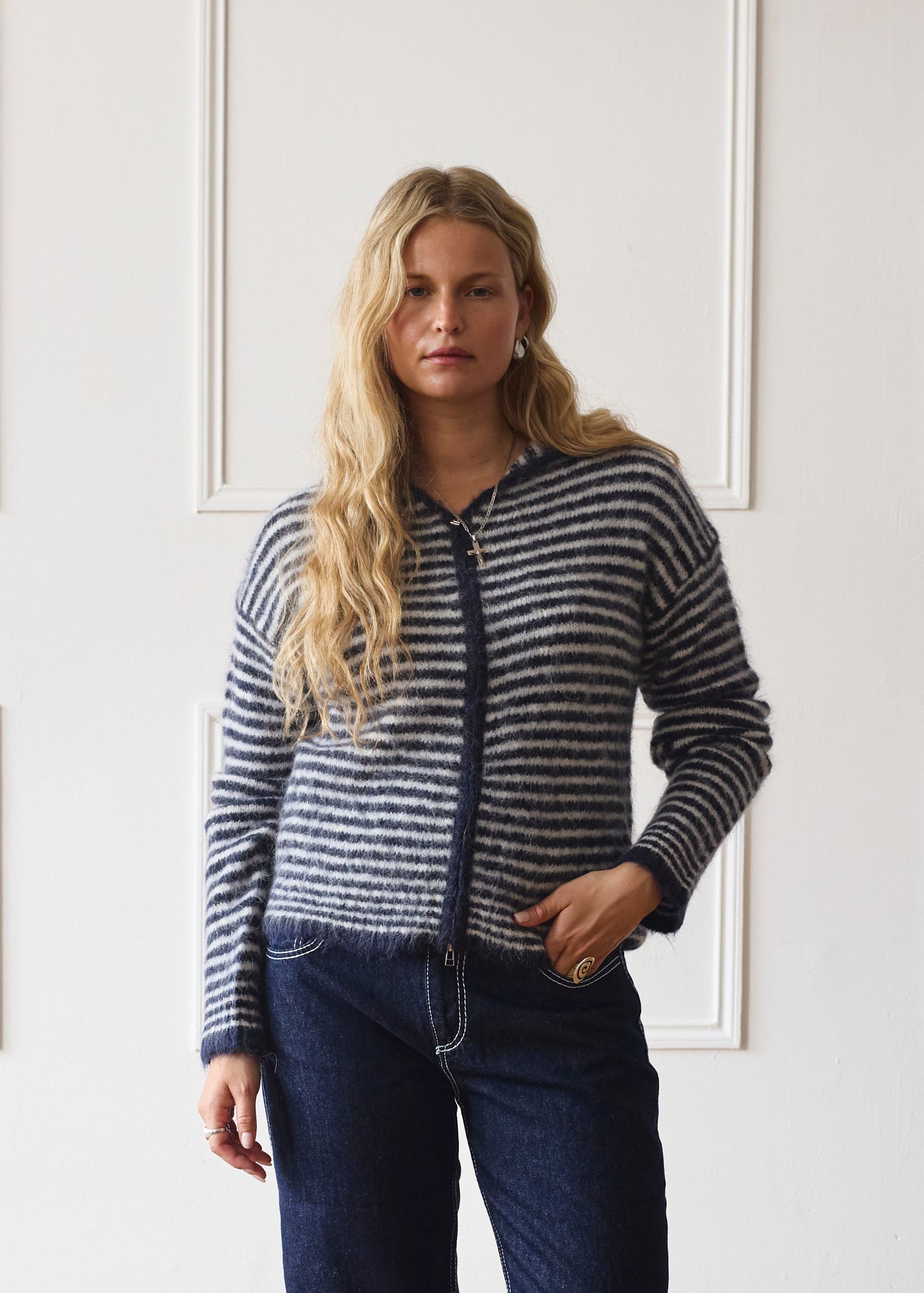 Navy & Cream Stripe Dual Zip Hoodie | Knitwear – Minka Dink London