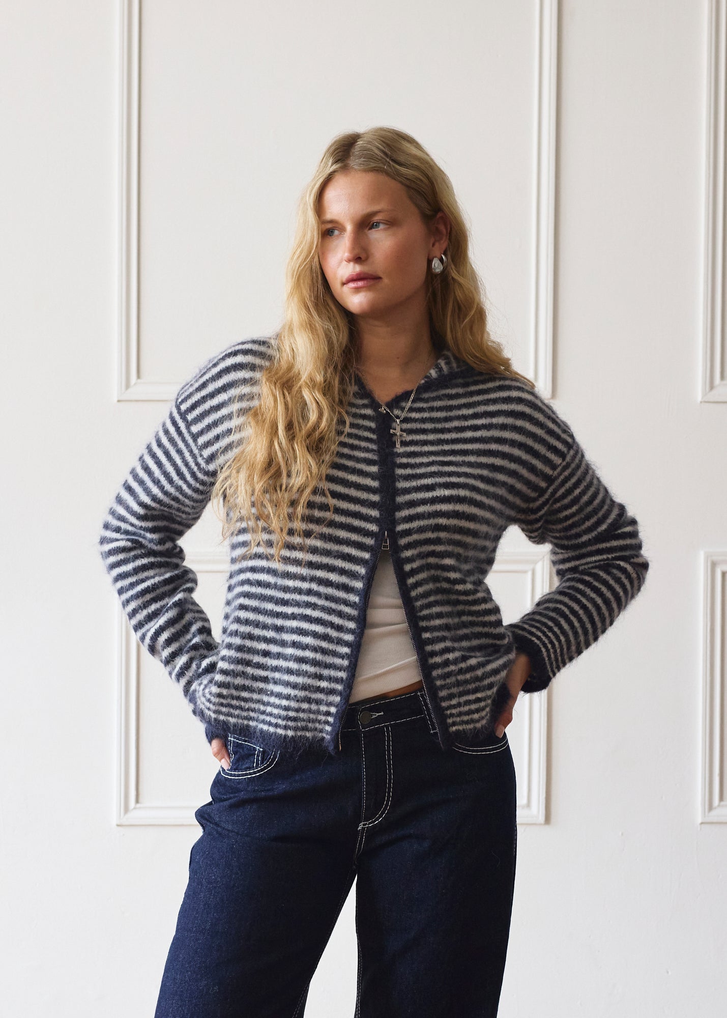 Dual Zip Hoodie - Navy & Cream Stripe