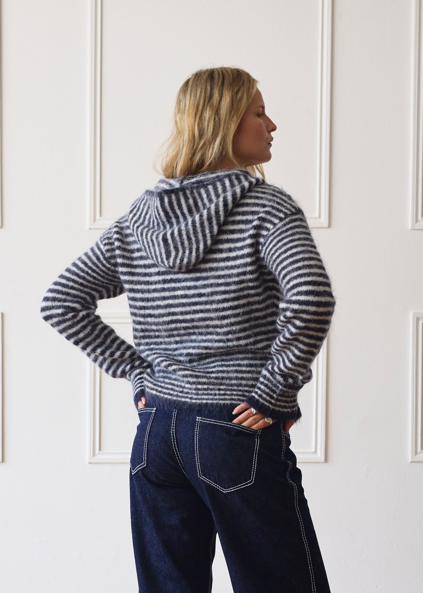 Navy & Cream Stripe Dual Zip Hoodie | Knitwear – Minka Dink London