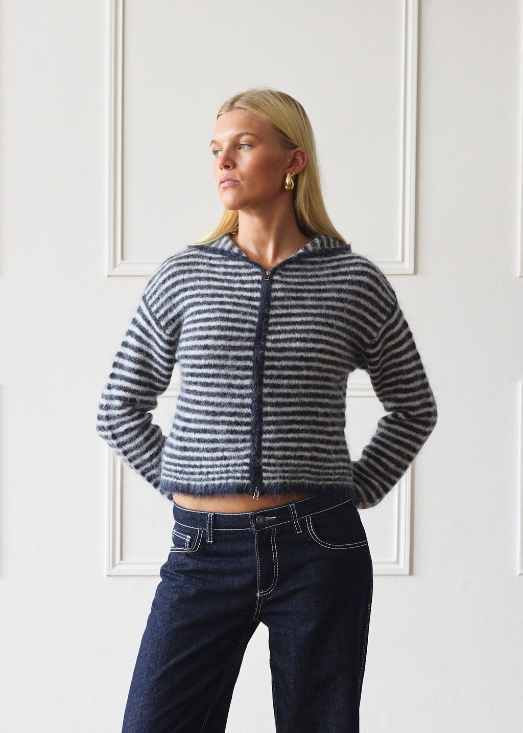 Dual Zip Hoodie - Navy & Cream Stripe