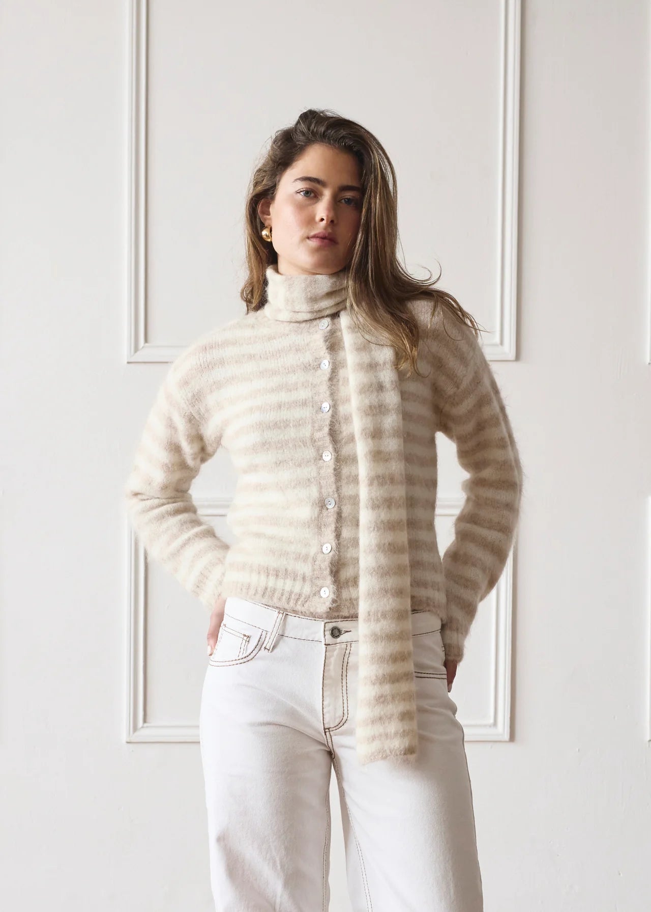 The Beige Stripe Evie Cardigan & Scarf Co-Ord