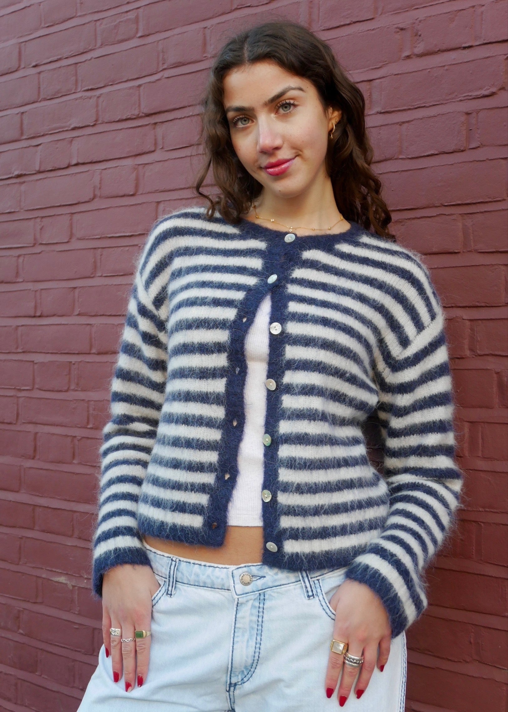 The Evie Cardigan - Navy Stripe