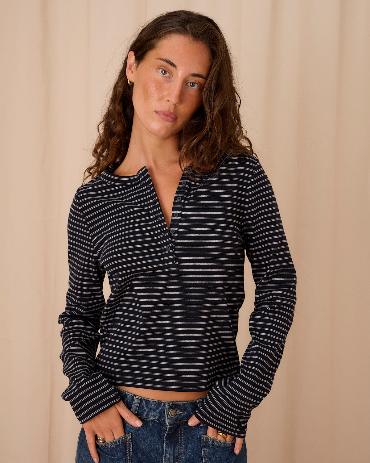 Henley Tee - Navy Stripe