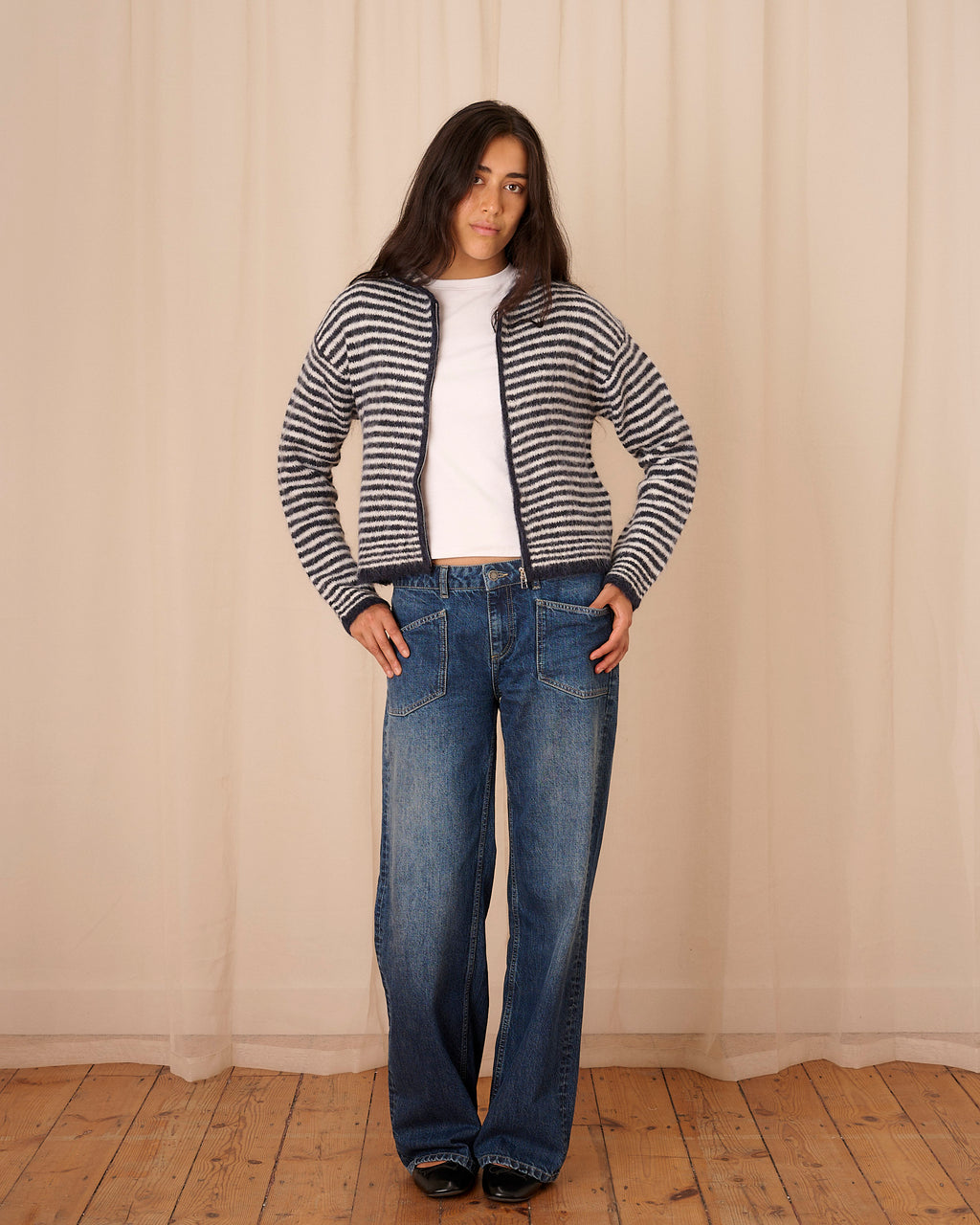 Dual Zip Hoodie - Navy & Cream Stripe