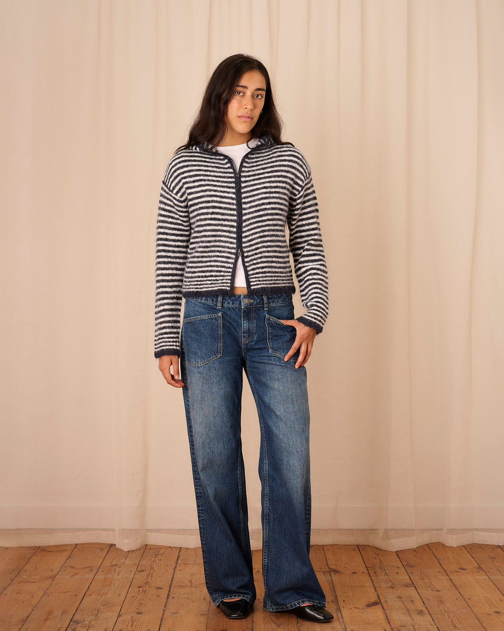 Dual Zip Hoodie - Navy & Cream Stripe