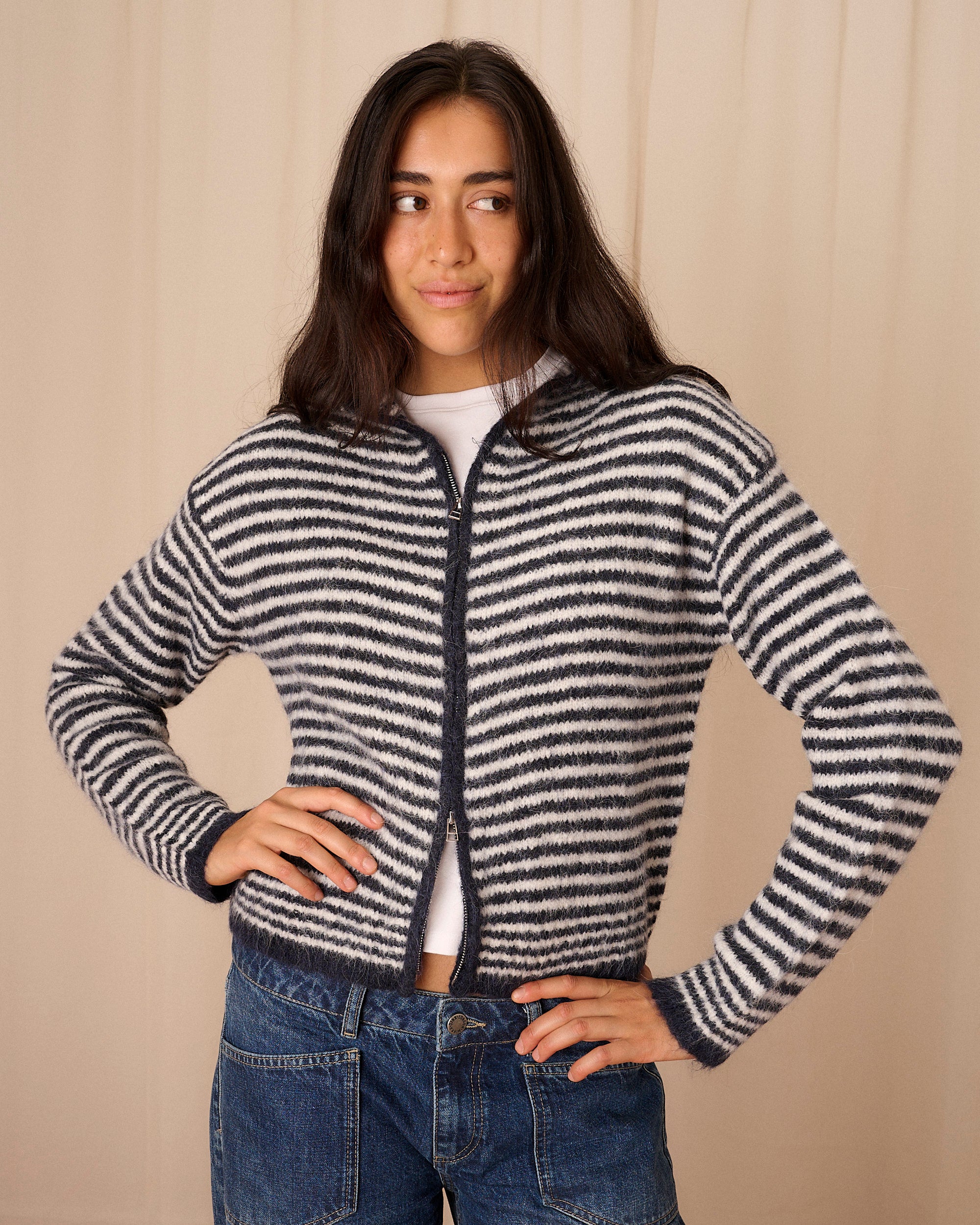 Navy & Cream Stripe Dual Zip Hoodie | Knitwear – Minka Dink London
