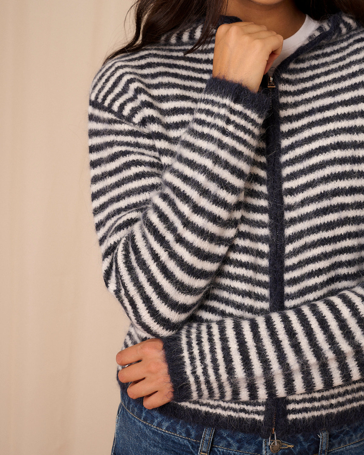 Dual Zip Hoodie - Navy & Cream Stripe